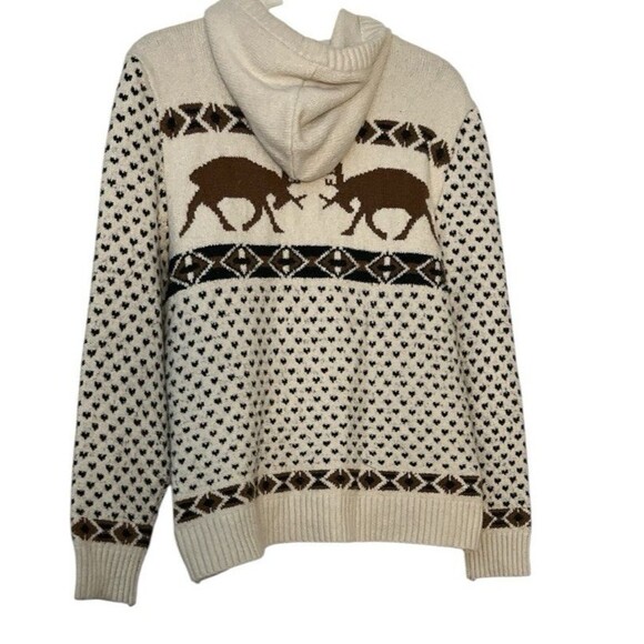 American Eagle Sweater Men Cream Fair Isle Moose Deer Hooded Pullover Size Large - Picture 2 of 6